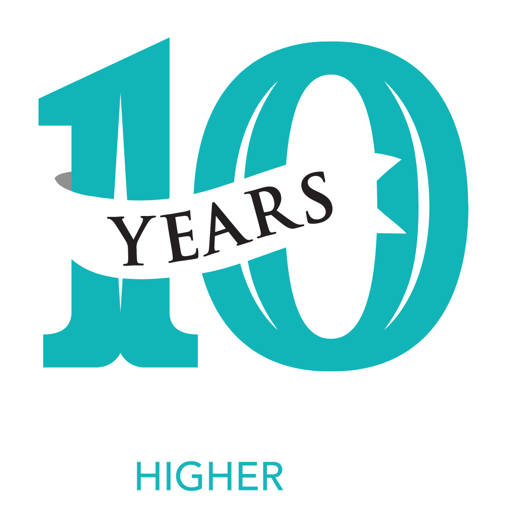 Ten years with a ribbon/banner over the number... Teaching in Higher Ed (stylized logo for the 10th anniversary)