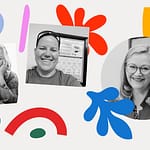 a set of colorful abstract shapes are the background for b/w photo of the host and episode guests