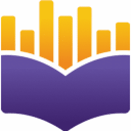 Open Audible logo of a purple book with pages opening up and bright yellow bars extending upward