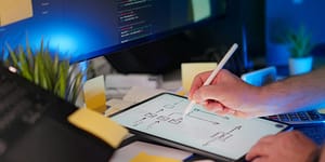 person writes with an Apple Pencil on an iPad