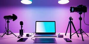 laptop with various screen casting and video tools surrounding it - tripods