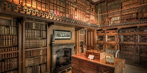 library with many books and a fireplace
