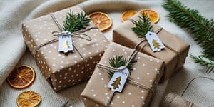 wrapped gifts with dried oranges sitting on a tablecloth