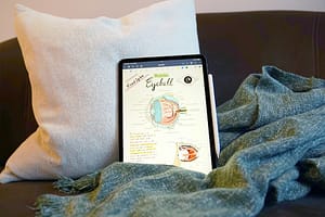 iPad leans against a pillow with scientific drawings of a human eyeball