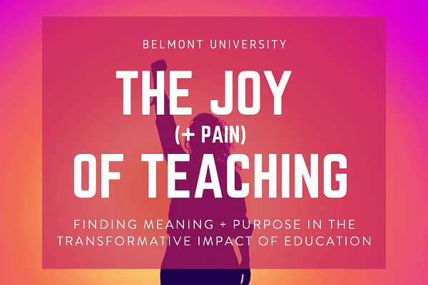 The Joy of Teaching, keynote presented at Belmont University. Woman raises her fist in triumph or protest (open to interpretation)