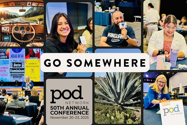 Grid of photos of people holding cards they drew of AI metaphors. Examples include dumpster fire and coach