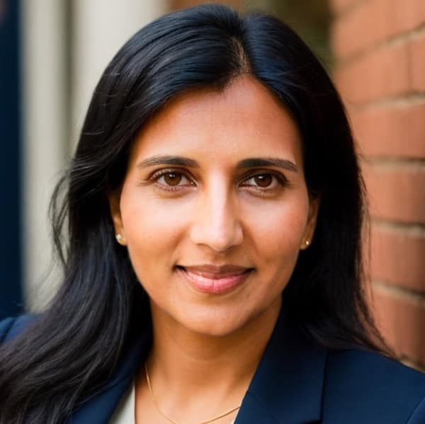 Sunita Sah with dark brown hair stands next to a brick wall