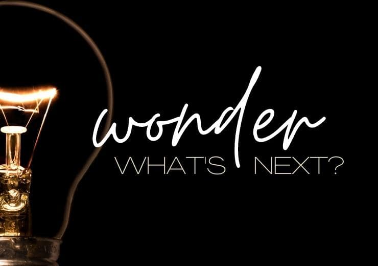 Old fashioned light bulb. text: wonder what's next?