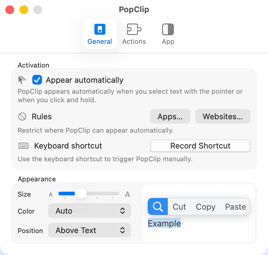 PopClip - general settings - checkmark to have it Appear automatically. Settings for Size and Position, as well. 