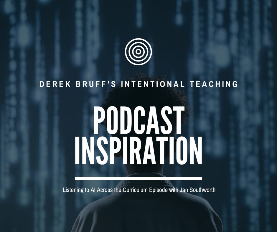 Podcast Inspiration: AI across the curriculum Background is blurry technology with a person standing looking out (we see the back of their head)