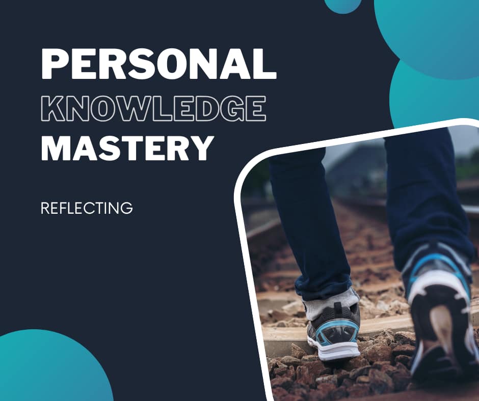 Personal knowledge management - reflecting Person walking with teal shoes on (view from behind them as they are walking)