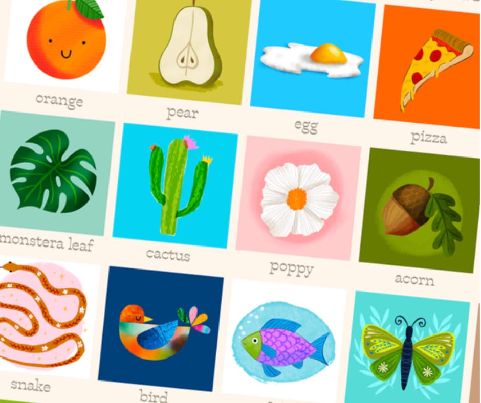 Grid of various colorful drawings using the Procreate app on the ipad, including an orange, pear, fried egg, pizza, plants, and a moth