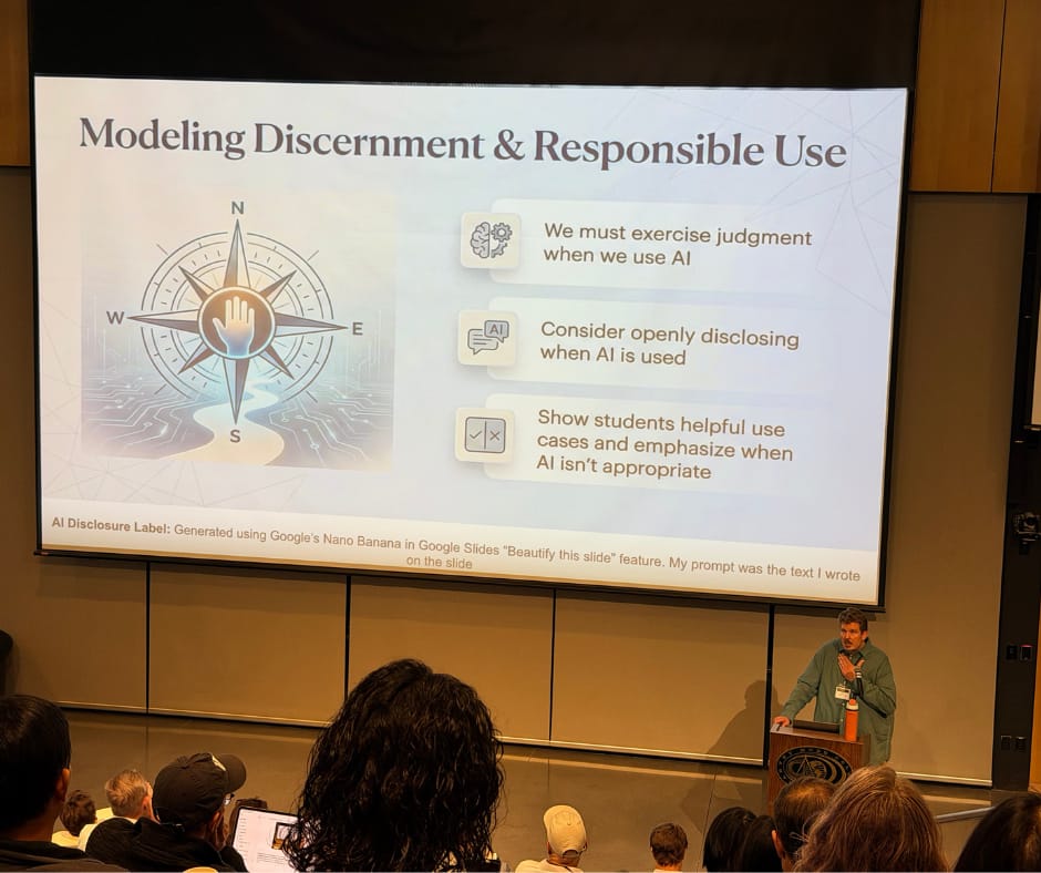 Slide: Modeling discernment and responsible use with a compass image and three icon-based bullet points