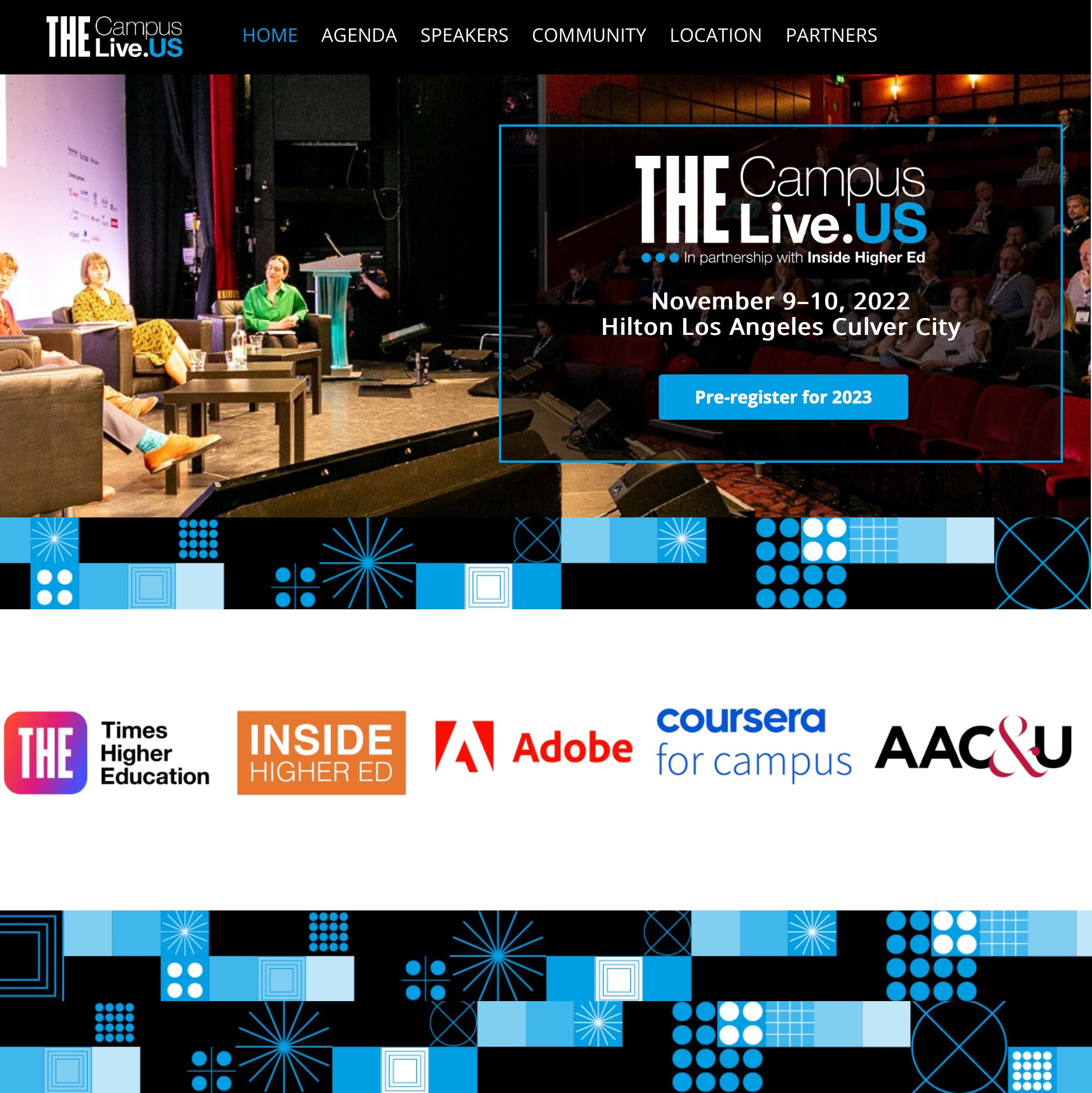 THE Campus Live.US - November 8-9, 2022 people sit on a stage discussing topics at a higher ed conference