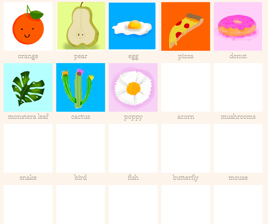 An unfinished grid of drawings... Created drawings include an orange, pear, fried egg, and some plants... there are still about 17 drawings to go on the tracker