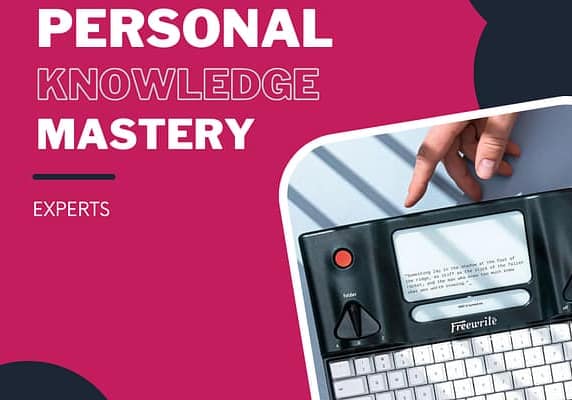 Personal Knowledge Mastery: Experts. Electric typewriter with a hand pointing at it.