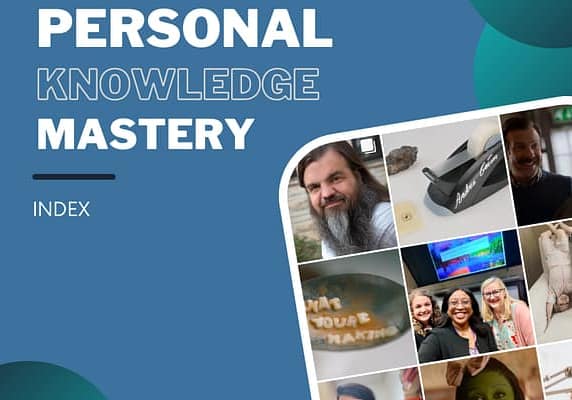 Personal Knowledge Mastery - Index Grid of various images that showed up as part of my PKMastery posts, including Bryan Alexander's headshot, Joan Westerberg's headshot, and a stapler