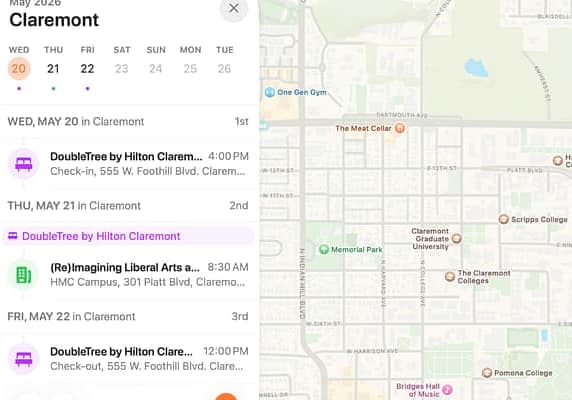 Tripsy app screen with Claremont itinerary on the left and a Map of the Harvey Mudd College campus on the right