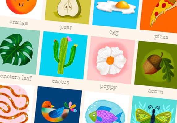 Grid of various colorful drawings using the Procreate app on the ipad, including an orange, pear, fried egg, pizza, plants, and a moth