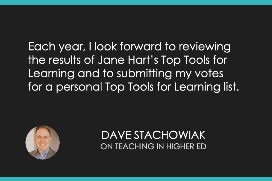 Each year, I look forward to reviewing the results of Jane Hart’s Top Tools for Learning and to submitting my votes for a personal Top Tools for Learning list.