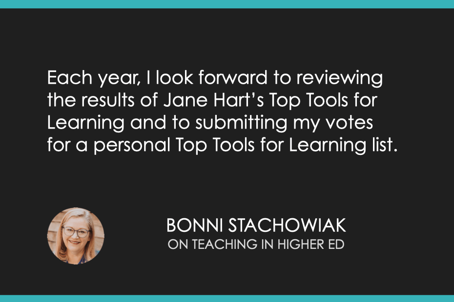 Each year, I look forward to reviewing the results of Jane Hart’s Top Tools for Learning and to submitting my votes for a personal Top Tools for Learning list.
